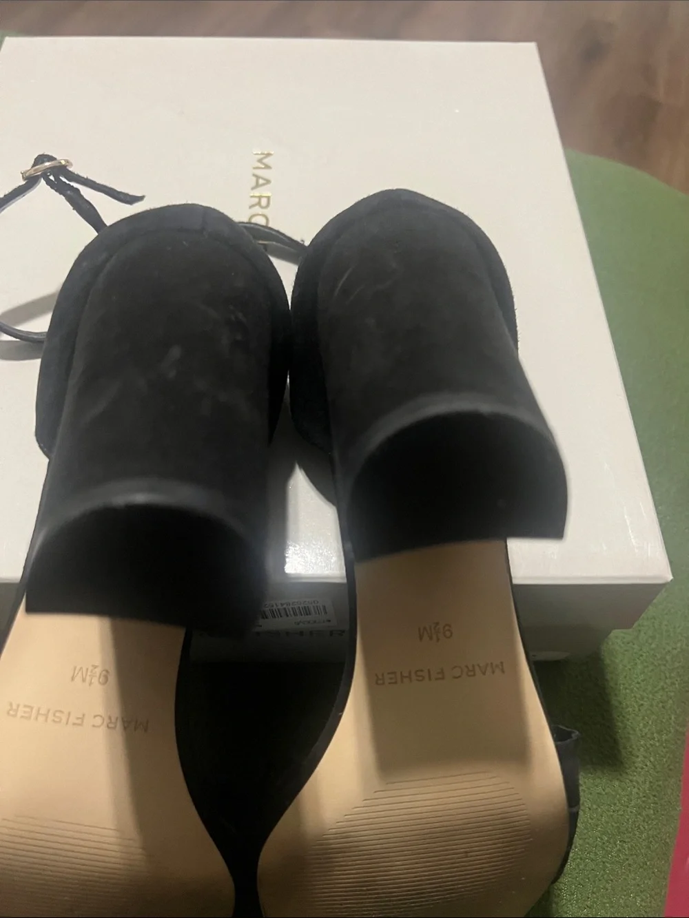 Marc Fisher Black Suede Pearl-Trim Ankle Strap Heels